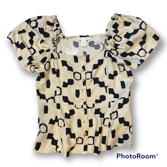 NWT ⭐️Princess Neckline Puffy Short Sleeve Square Cream Print Linen Top Blouse S - Picture 2 of 3